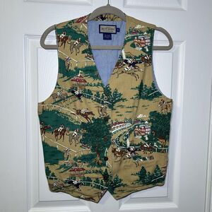 Ruff Hewn Vest Men's Medium Equestrian Horse Racing Print Cotton Lined Made USA